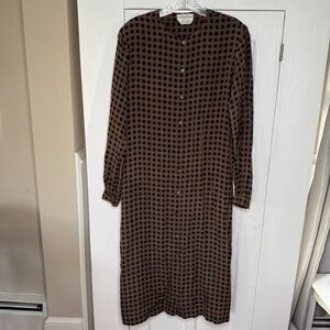 Vintage Calvin Klein Sz 8 Real 100% Silk Brown Plaid Button Up Long Sleeve Dress